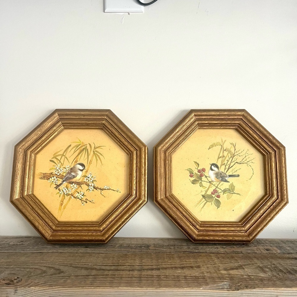 Homco Octagonal Bird Prints in Gold Frames set 2